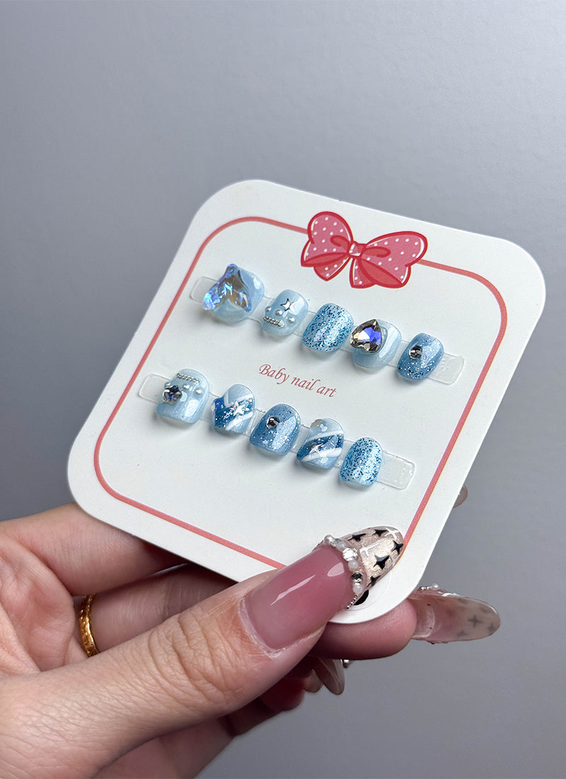 Blue Little Mermaid Magic Coffin Handmade Children's Press-On Nails Kid NF035C
