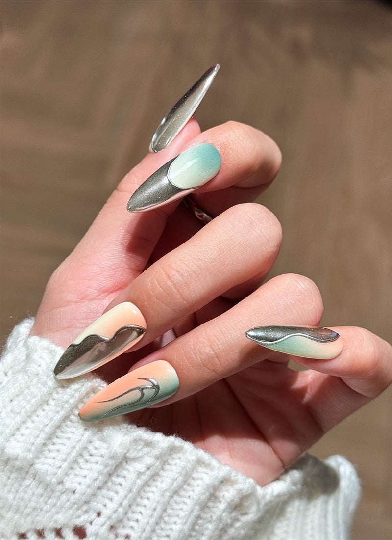 Airbrushed Ombre Edgy Metallic Design Almond Handmade Press-On Nails NF090