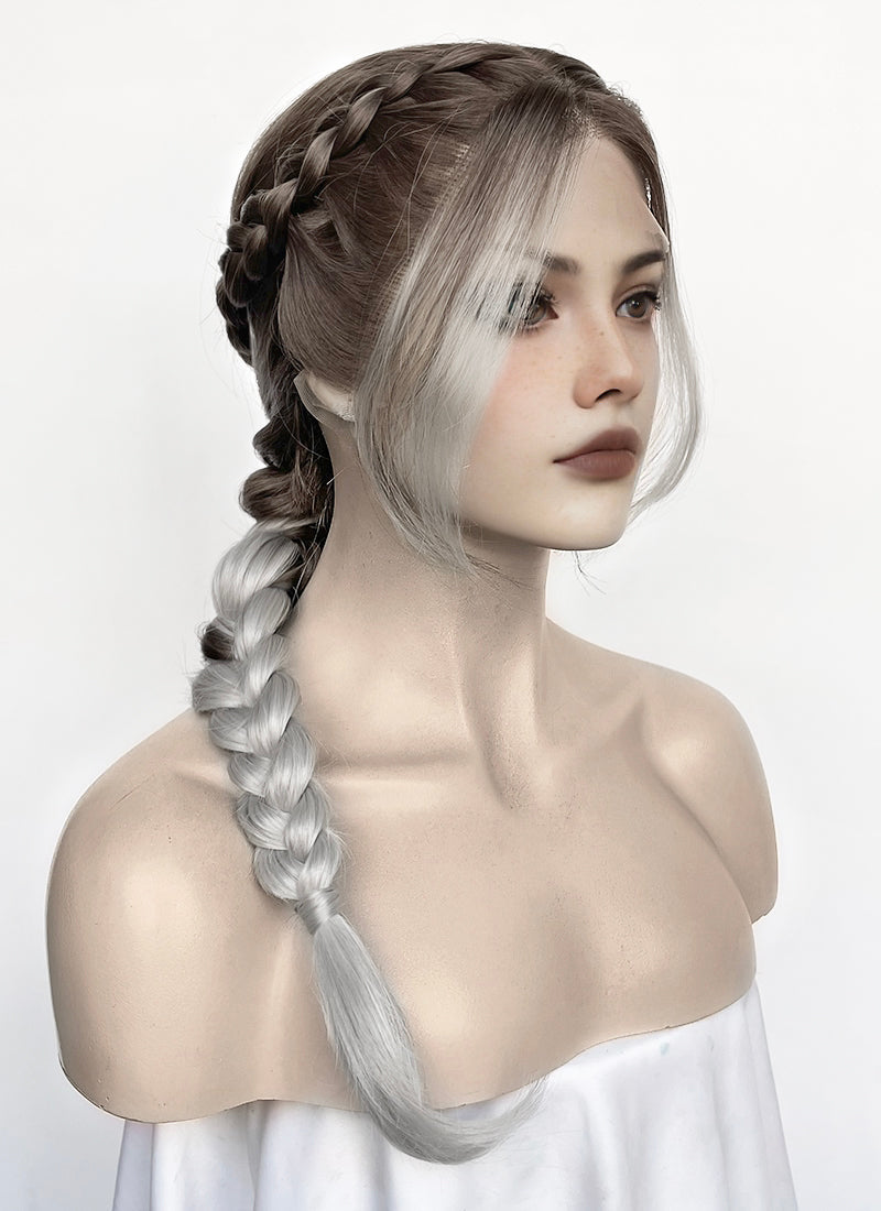 Fourth Wing Violet Sorrengail Brunette Silver Grey Ombre Braided Lace Front Synthetic Wig LF2519