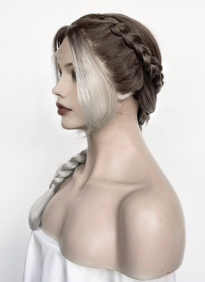 Fourth Wing Violet Sorrengail Brunette Silver Grey Ombre Braided Lace Front Synthetic Wig LF2519