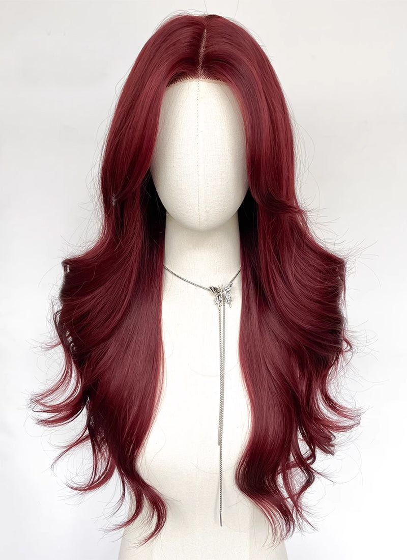 Burgundy Red Curtain Bangs Wavy Lace Front Synthetic Hair Wig LF3348