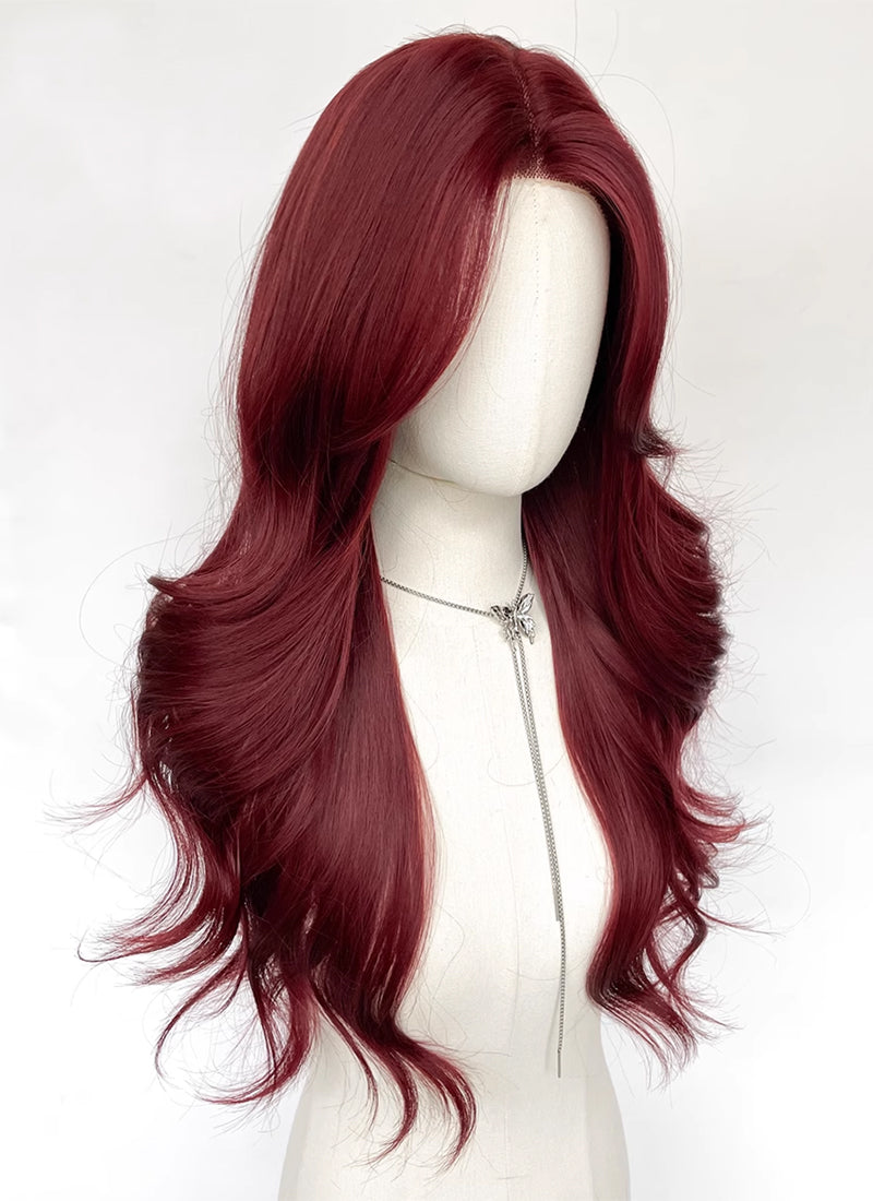 Burgundy Red Curtain Bangs Wavy Lace Front Synthetic Hair Wig LF3348