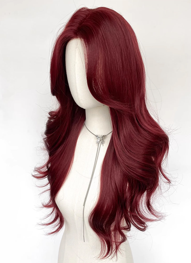 Burgundy Red Curtain Bangs Wavy Lace Front Synthetic Hair Wig LF3348