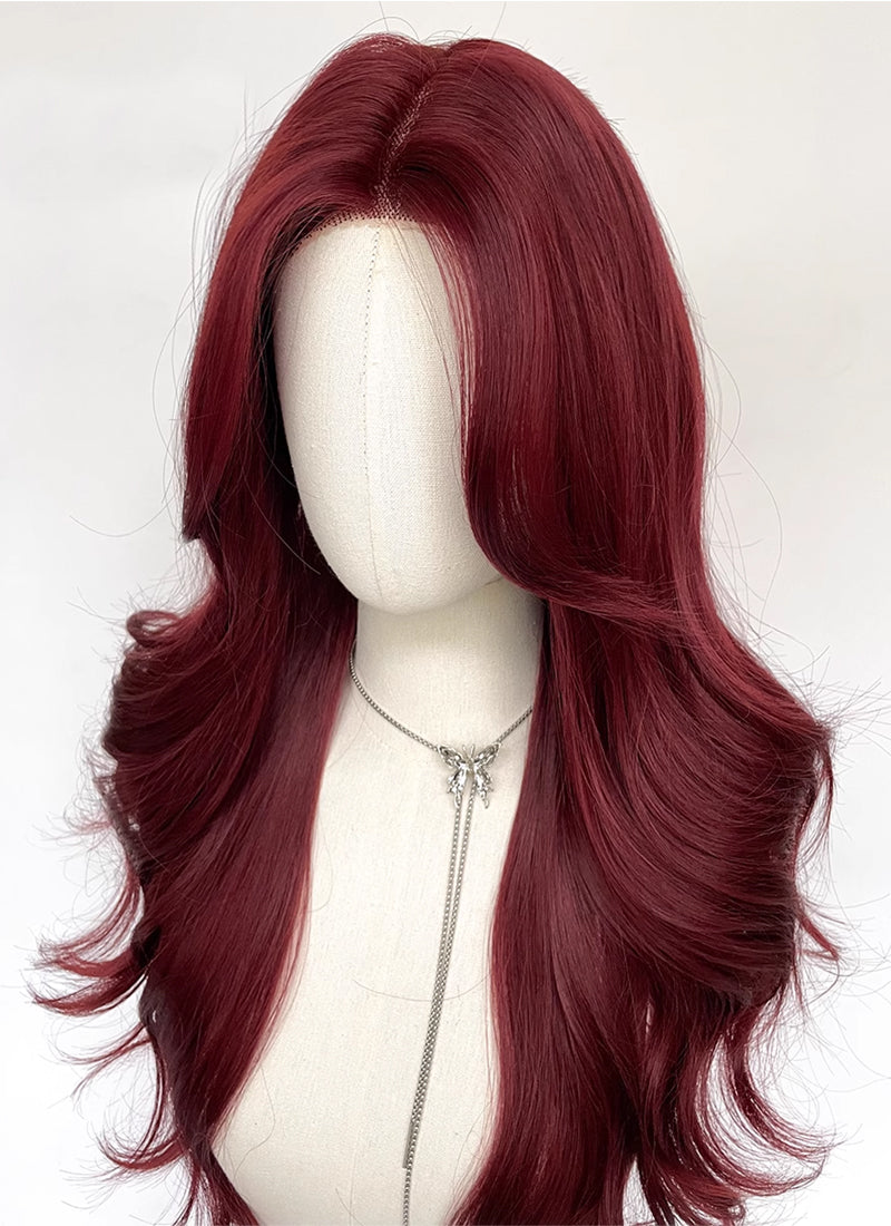 Burgundy Red Curtain Bangs Wavy Lace Front Synthetic Hair Wig LF3348