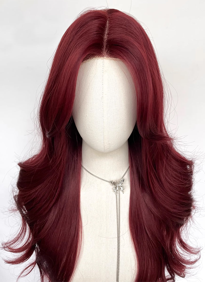 Burgundy Red Curtain Bangs Wavy Lace Front Synthetic Hair Wig LF3348