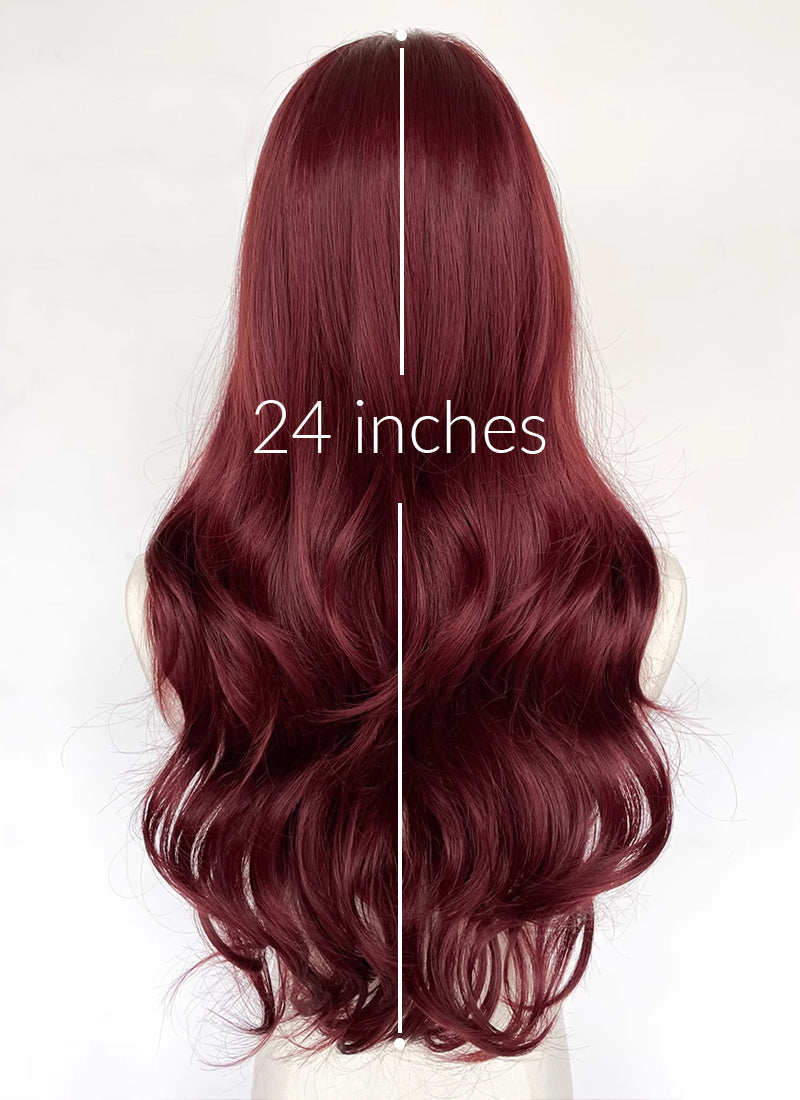 Burgundy Red Curtain Bangs Wavy Lace Front Synthetic Hair Wig LF3348