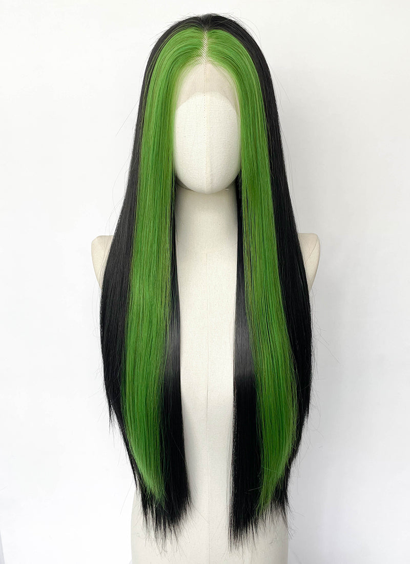 Black And Green Money Piece Straight Lace Front Synthetic Wig LN6046