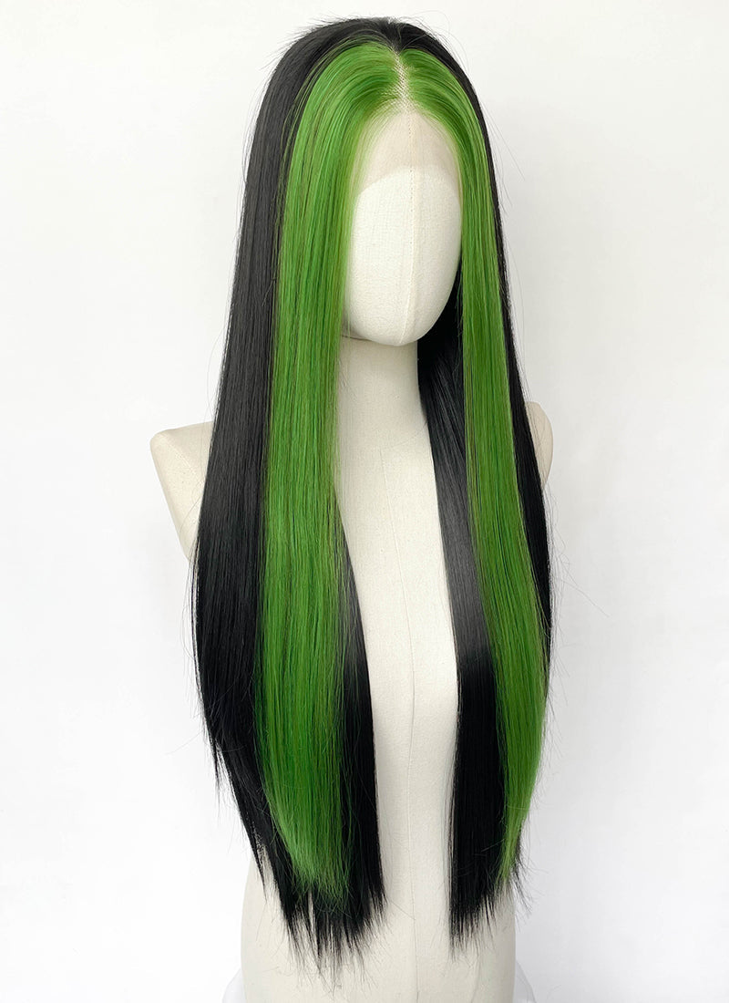 Black And Green Money Piece Straight Lace Front Synthetic Wig LN6046