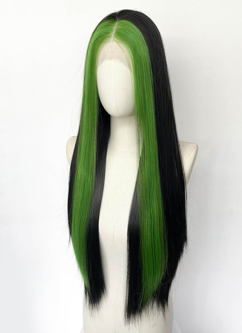 Black And Green Money Piece Straight Lace Front Synthetic Wig LN6046