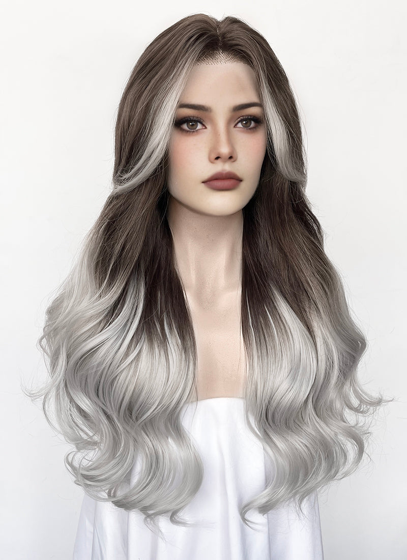 Fourth Wing Violet Sorrengail Brunette Silver Grey Ombre Braided Lace Front Synthetic Wig LF2519