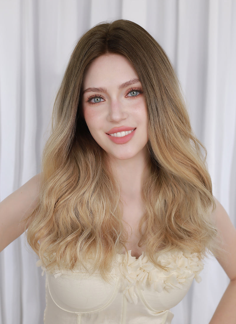 Mixed Blonde With Dark Roots Wavy Mono Top Kanekalon Lace Wig MN017