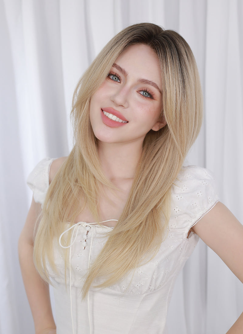 Blonde With Dark Roots Straight Mono Top Kanekalon Lace Wig MN020