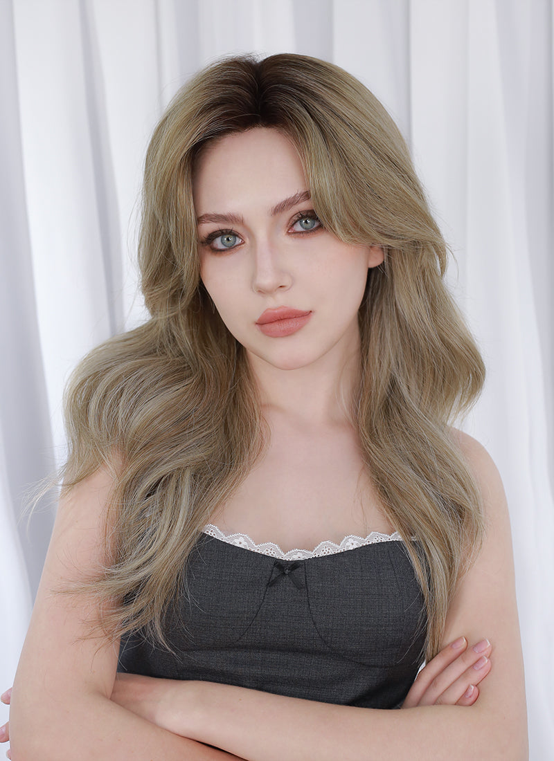 Ash Blonde With Dark Roots Wavy Mono Top Kanekalon Lace Wig MN023