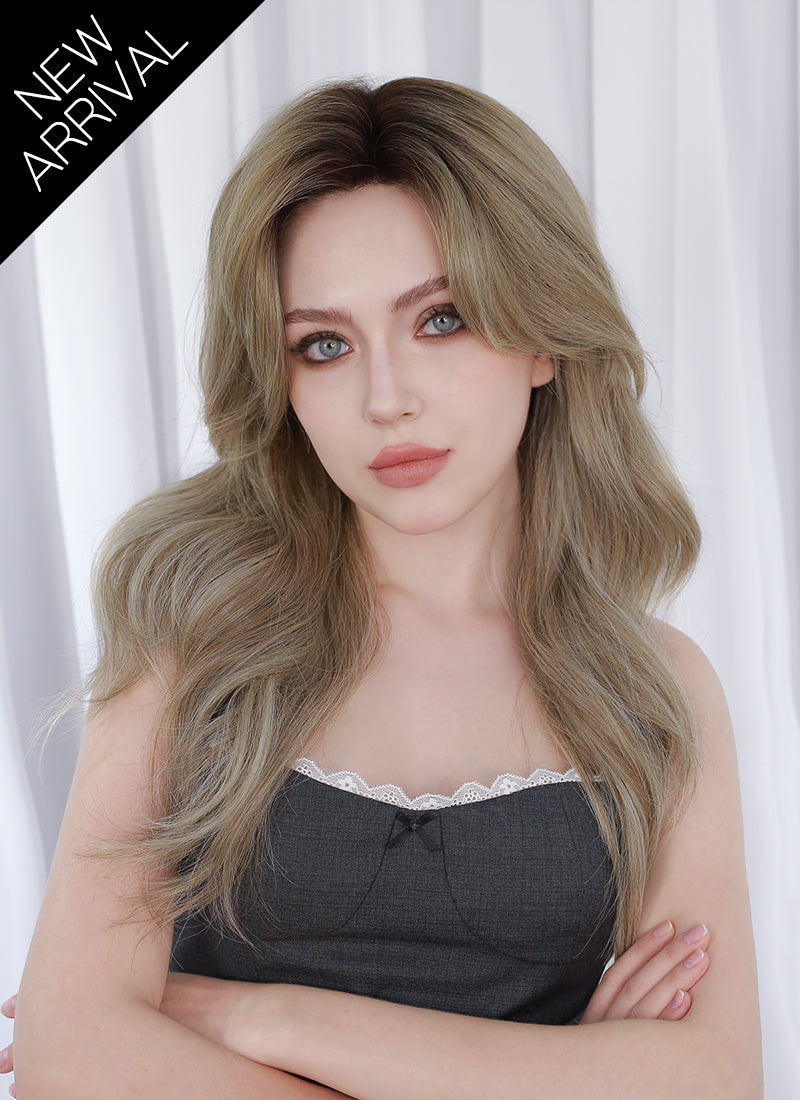 Ash Blonde With Dark Roots Wavy Mono Top Kanekalon Lace Wig MN023