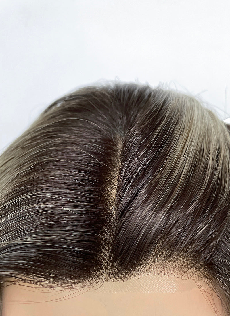 Ash Blonde With Dark Roots Wavy Mono Top Kanekalon Lace Wig MN023