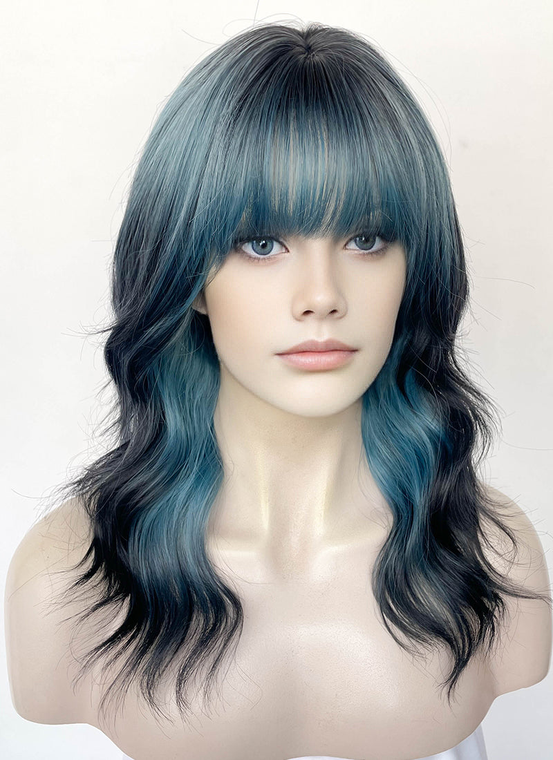 Blue Mixed Black Wavy Synthetic Hair Wig NS598