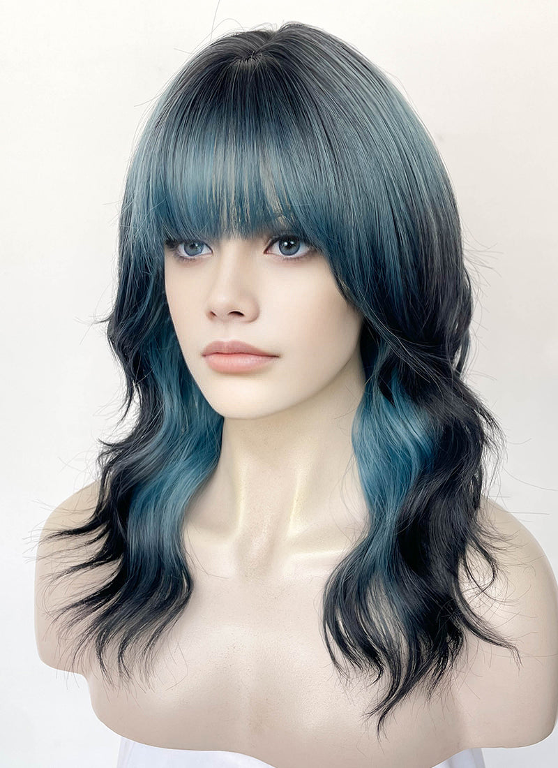 Blue Mixed Black Wavy Synthetic Hair Wig NS598