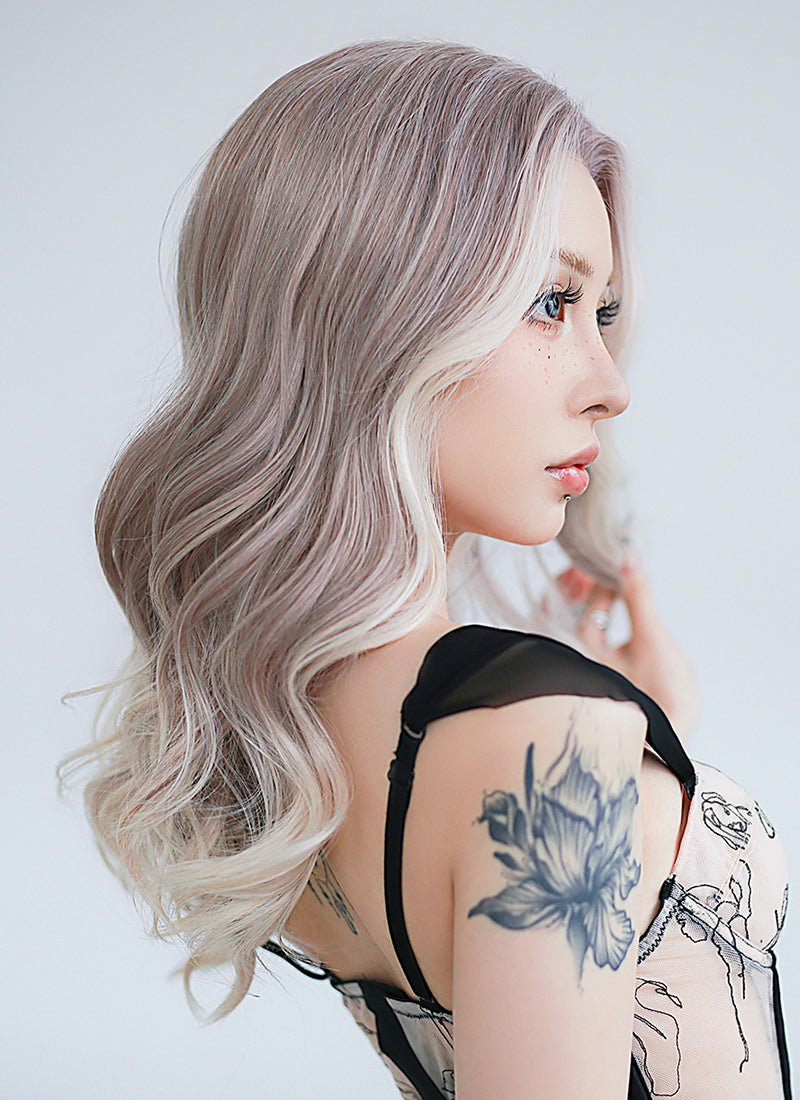 Ash Purple with Blonde Highlights Money Piece Wavy Lace Front Synthetic Wig LF3283