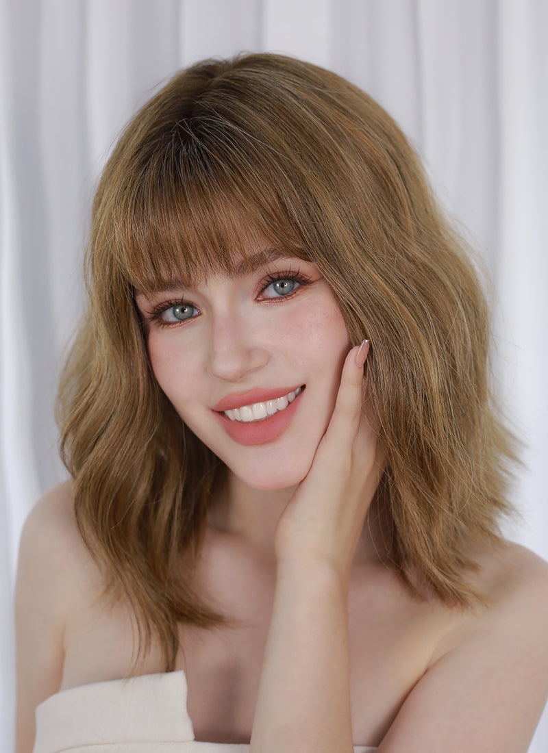 Blonde Mixed Brown With Dark Roots Wavy Mono Top Lace Wig MN014