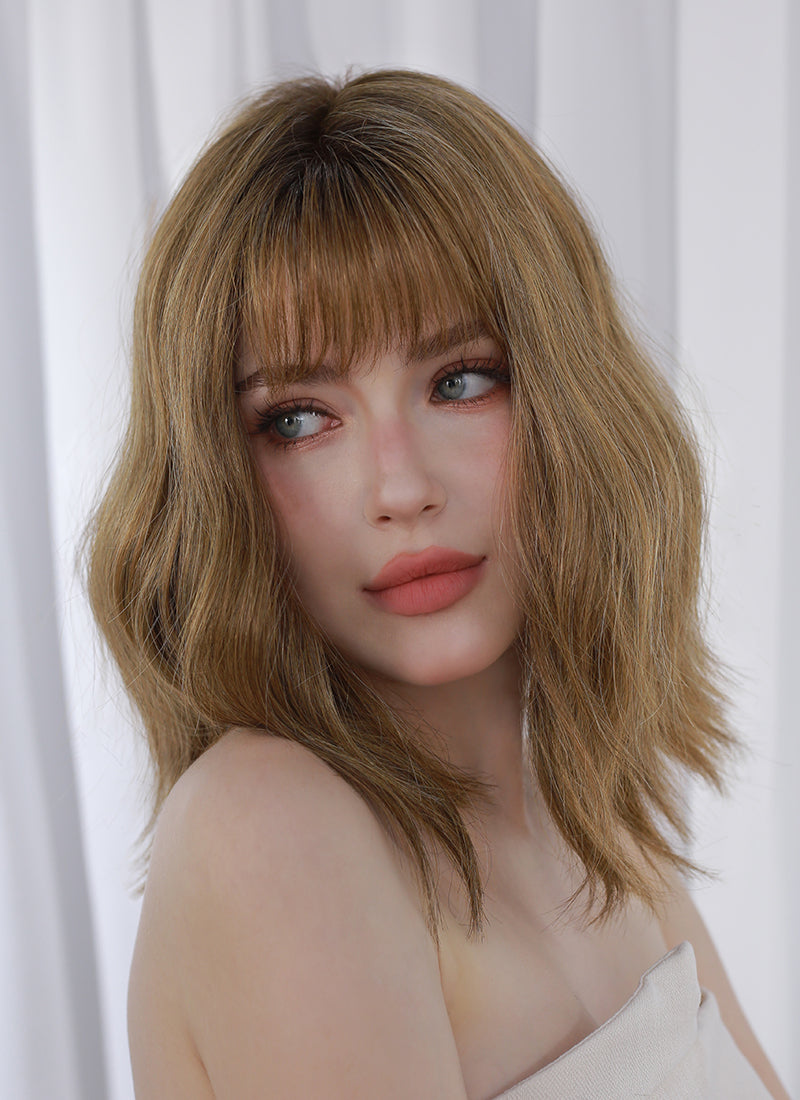 Blonde Mixed Brown With Dark Roots Wavy Mono Top Lace Wig MN014