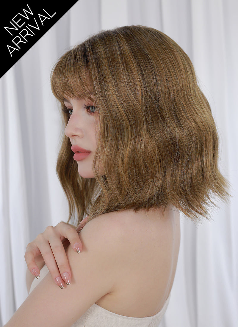 Blonde Mixed Brown With Dark Roots Wavy Mono Top Lace Wig MN014