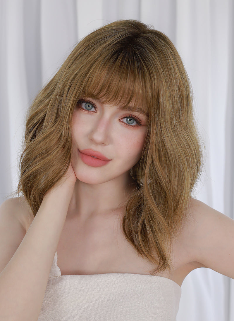 Blonde Mixed Brown With Dark Roots Wavy Mono Top Lace Wig MN014