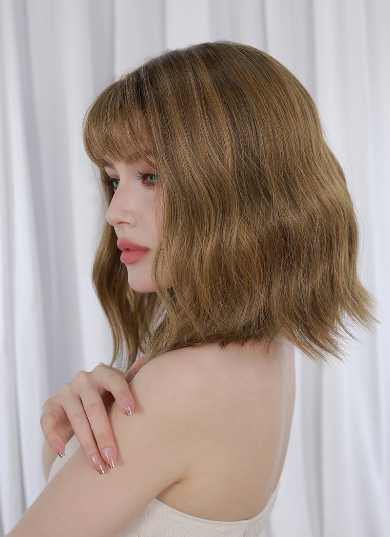 Blonde Mixed Brown With Dark Roots Wavy Mono Top Lace Wig MN014