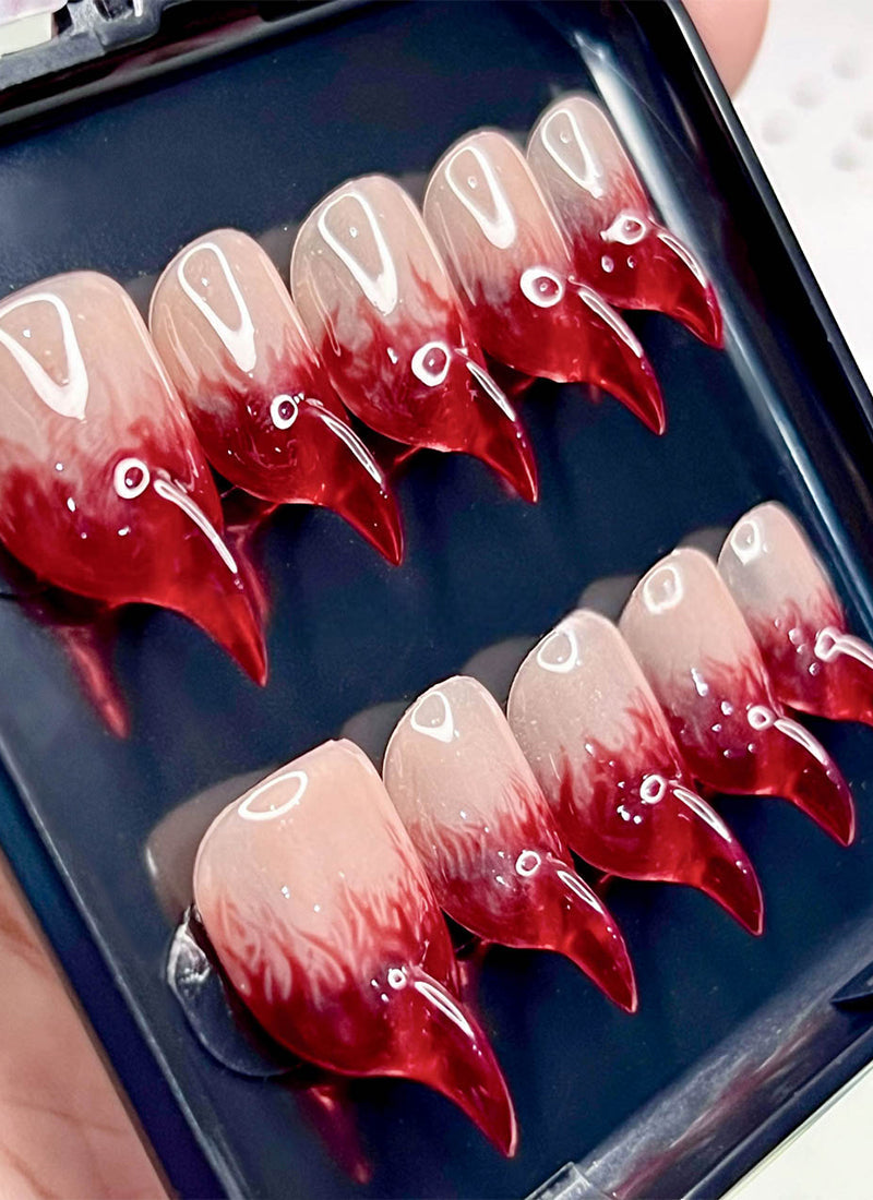 Fiery Red-to-Nude Ombre 3D Cat & Fox Spirit Claws Handmade Press-On Nails NF072