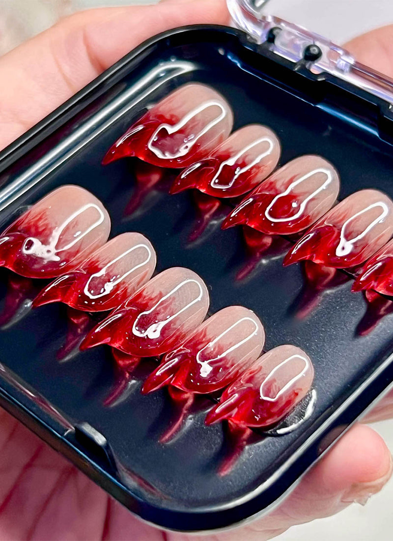 Fiery Red-to-Nude Ombre 3D Cat & Fox Spirit Claws Handmade Press-On Nails NF072