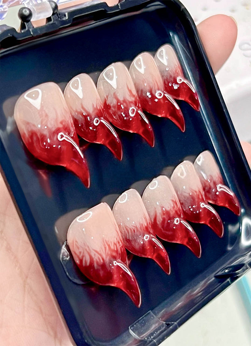 Fiery Red-to-Nude Ombre 3D Cat & Fox Spirit Claws Handmade Press-On Nails NF072
