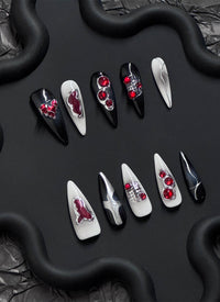 Gothic Black & White Edgy Elegance For Halloween Almond Handmade Press-On Nails NF077