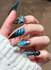 Enigmatic Silver, Black & Sparkling Blue with Abstract Artistry Almond Handmade Press-On Nails NF083