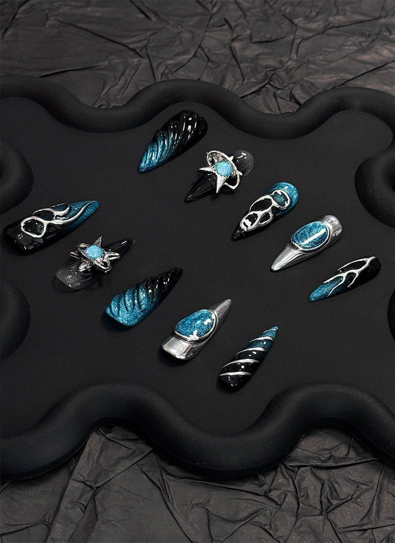 Enigmatic Silver, Black & Sparkling Blue with Abstract Artistry Almond Handmade Press-On Nails NF083