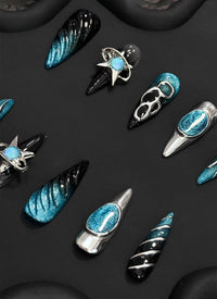 Enigmatic Silver, Black & Sparkling Blue with Abstract Artistry Almond Handmade Press-On Nails NF083
