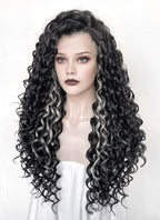 Black Mixed Silver Grey Curly Lace Front Synthetic Hair Wig LF1334