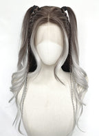 Brunette Silver Grey Ombre Braided Lace Front Synthetic Wig LF2201