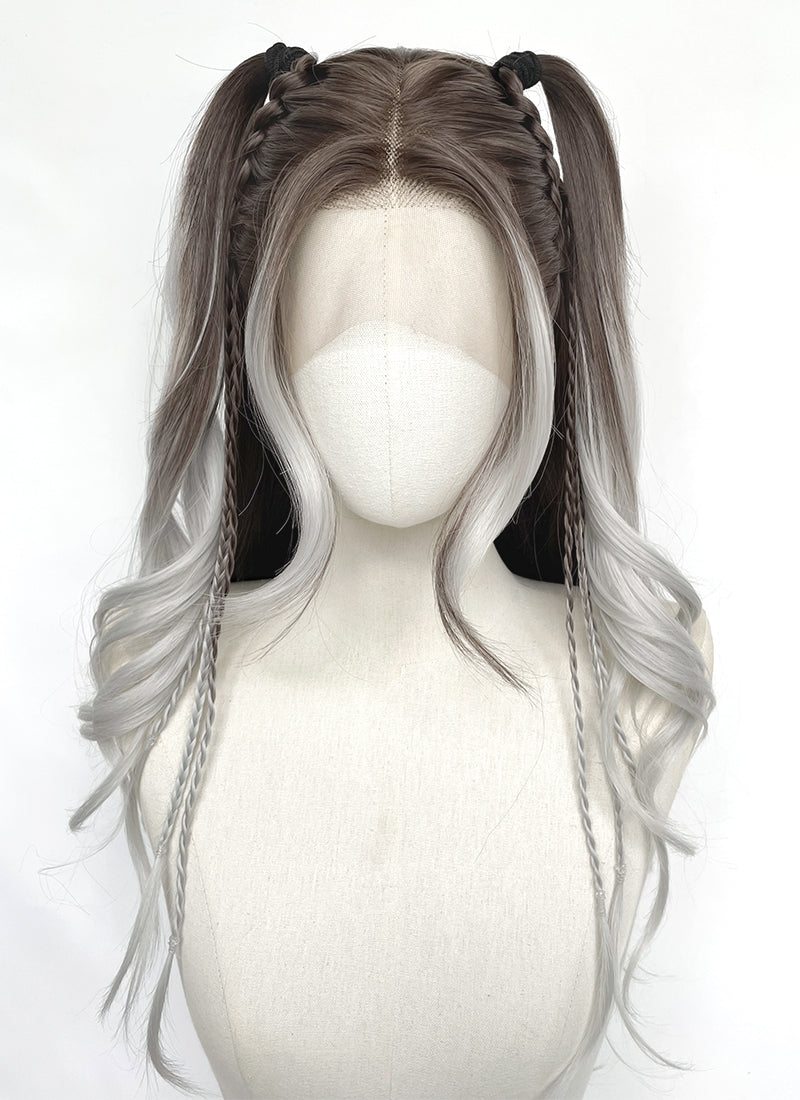 Brunette Silver Grey Ombre Braided Lace Front Synthetic Wig LF2201