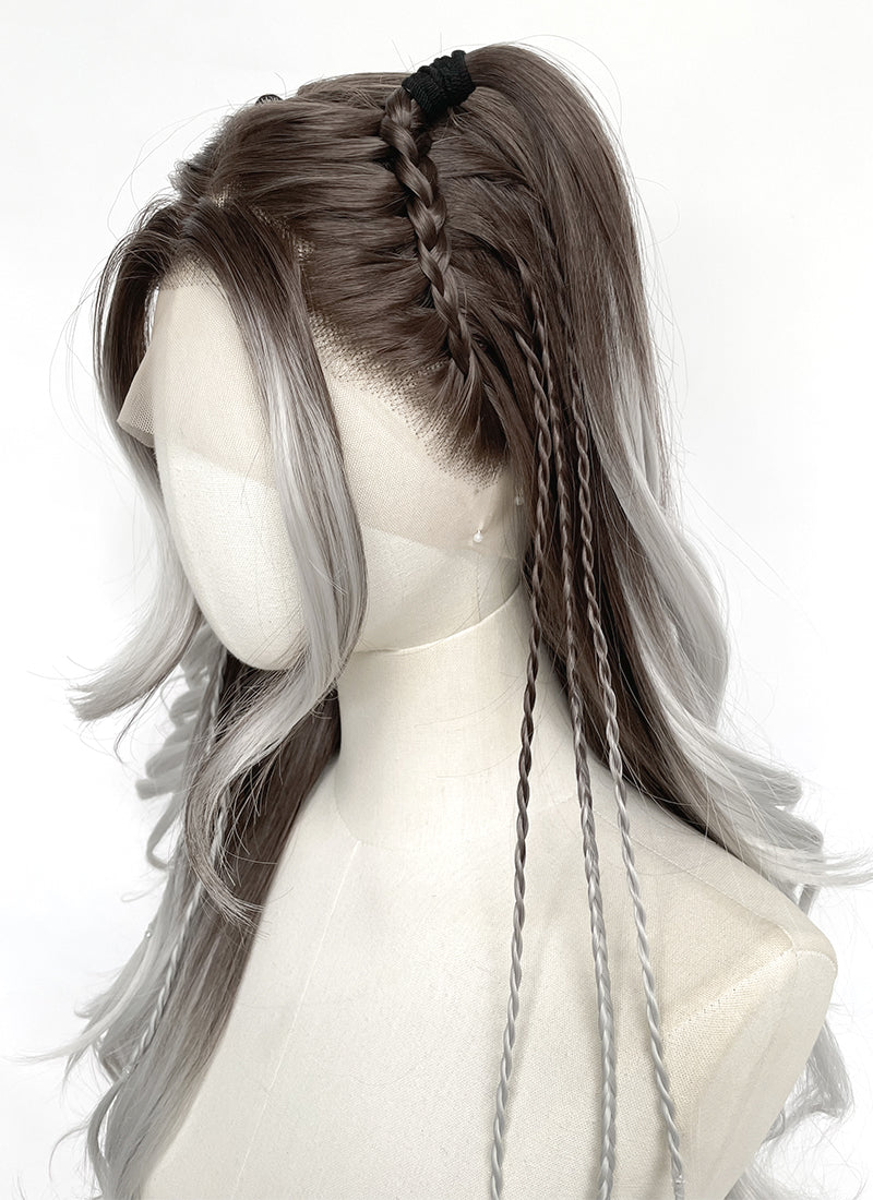 Brunette Silver Grey Ombre Braided Lace Front Synthetic Wig LF2201
