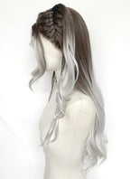 Brunette Silver Grey Ombre Braided Lace Front Synthetic Wig LF2201