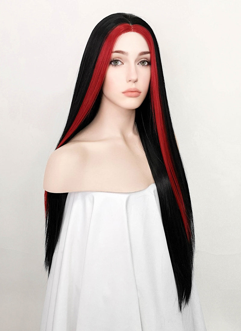 Black And Red Money Piece Straight Lace Front Synthetic Wig LF5113