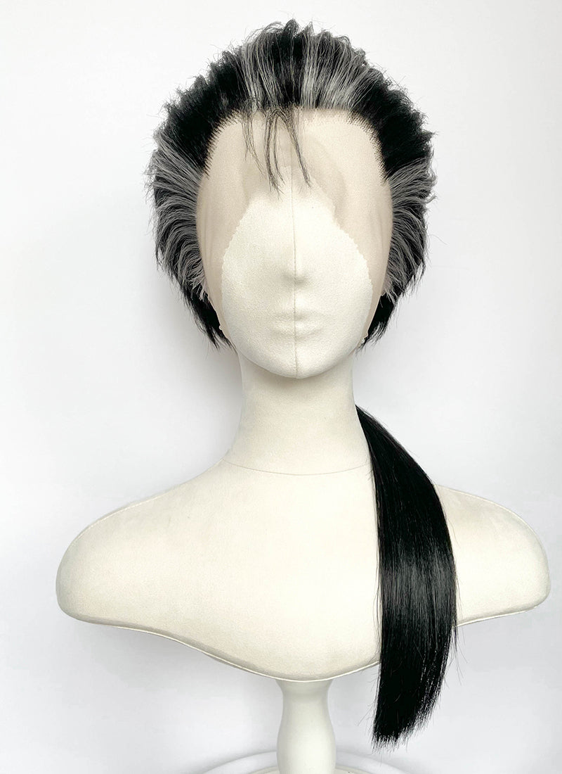Final Fantasy Auron Black Mixed Grey Straight Ponytail Lace Front Synthetic Men's Wig LF8139