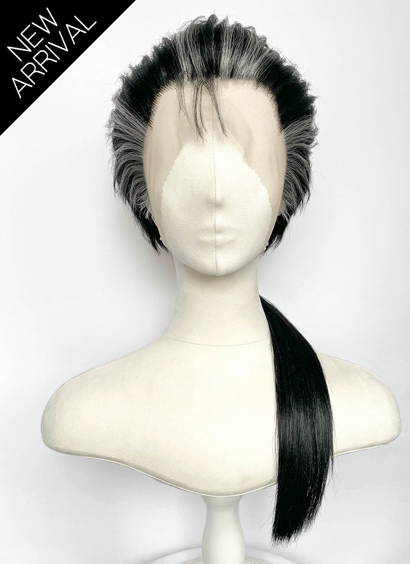 Final Fantasy Auron Black Mixed Grey Straight Ponytail Lace Front Synthetic Men's Wig LF8139