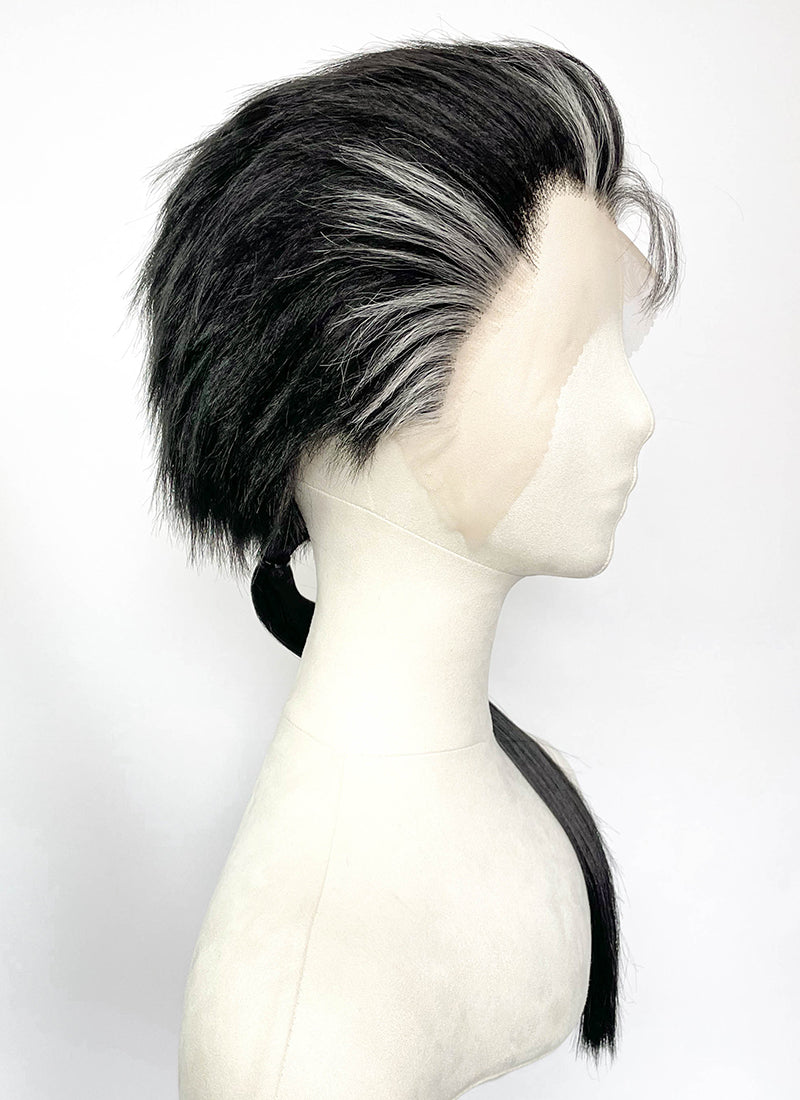 Final Fantasy Auron Black Mixed Grey Straight Ponytail Lace Front Synthetic Men's Wig LF8139