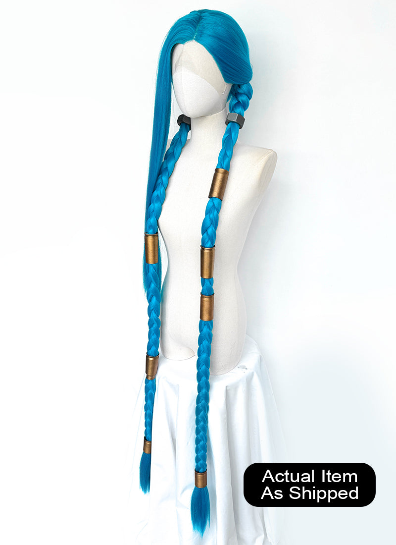 League of Legends LOL Arcane Jinx Turquoise Blue Braided Lace Front Synthetic Wig LN6020X