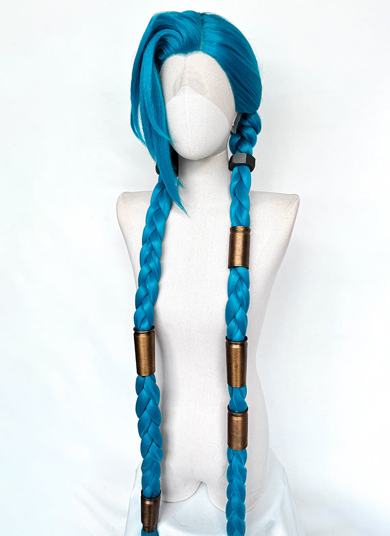 League of Legends LOL Arcane Jinx Turquoise Blue Braided Lace Front Synthetic Wig LN6020X