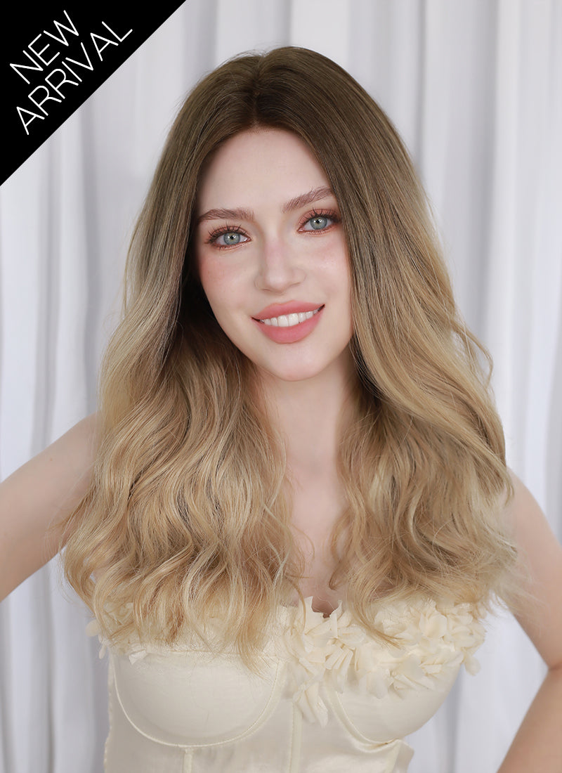 Mixed Blonde With Dark Roots Wavy Mono Top Kanekalon Lace Wig MN017
