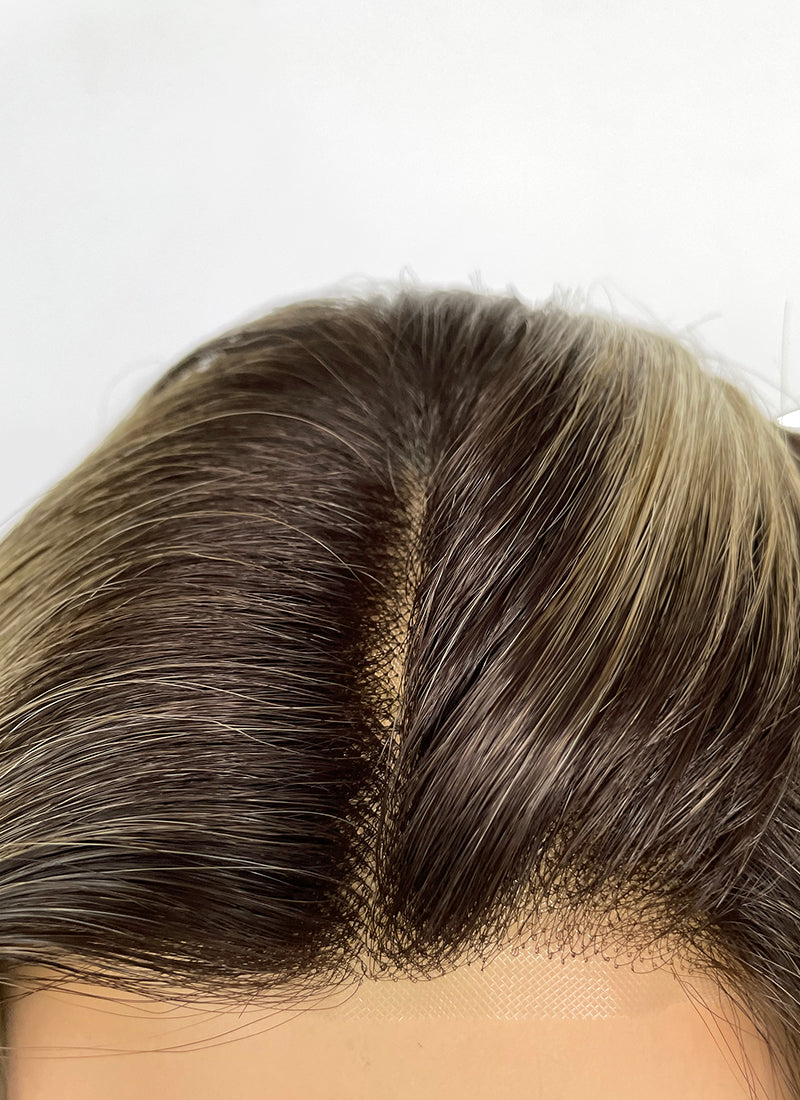 Ash Blonde With Dark Roots Wavy Mono Top Kanekalon Lace Wig MN023
