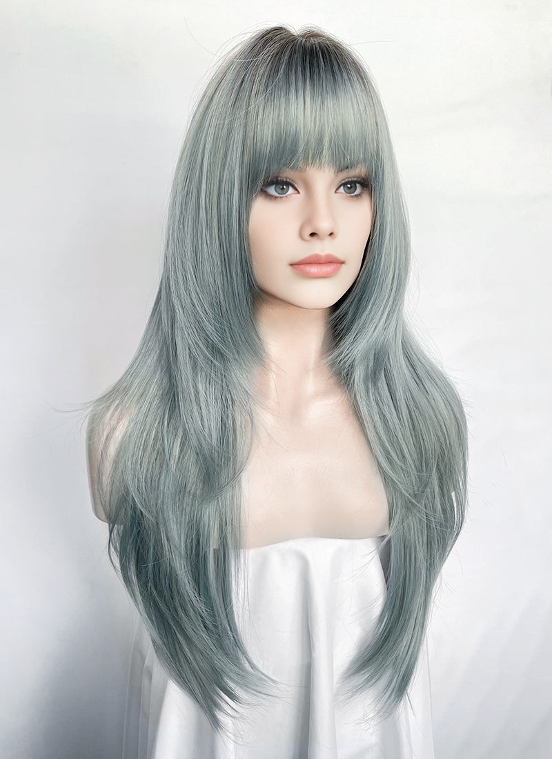 Ash Blue With Dark Roots Straight Synthetic Hair Wig NS617
