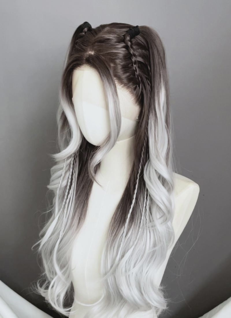 Brunette Silver Grey Ombre Braided Lace Front Synthetic Wig LF2201
