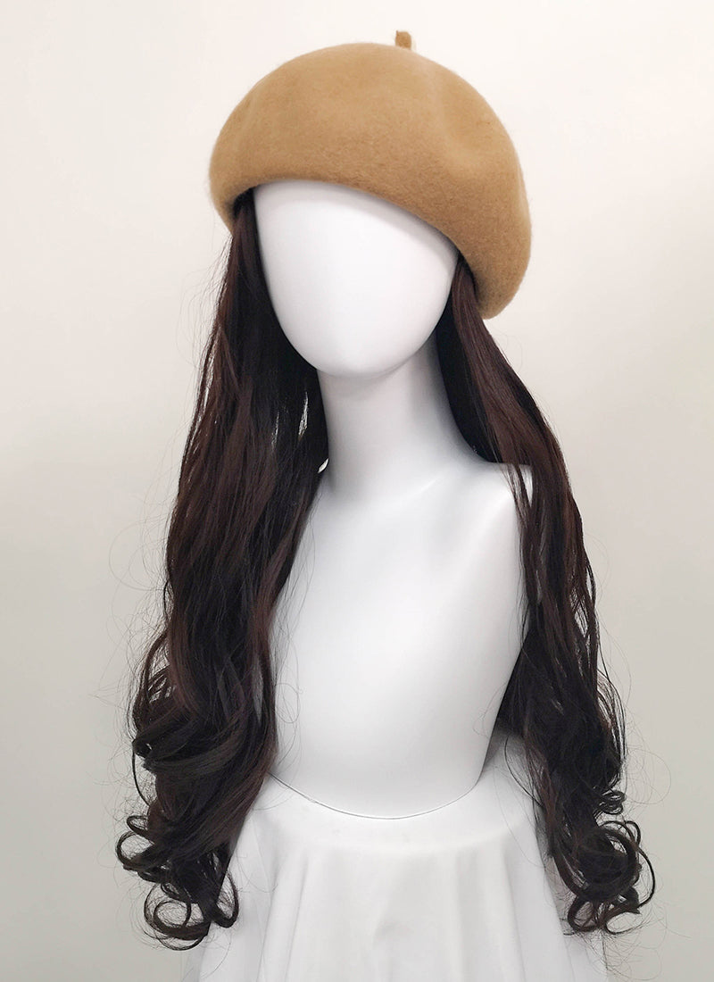 Camel Beret With Wavy Brunette Hair Attached CW003 - Wig Is Fashion